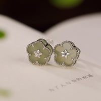 KarmaRipple's 925 Sterling Silver Hetian Jade Plum Flower Fortune Stud Earrings