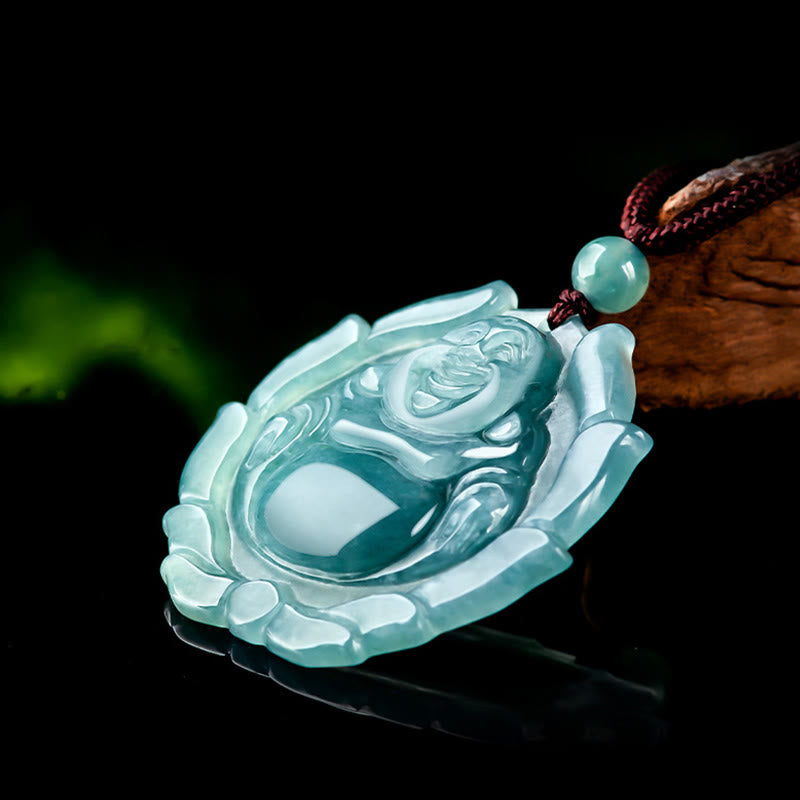 KarmaRipple's Authentic Jade Laughing Buddha Lotus Pattern Fortune Pendant Necklace p6