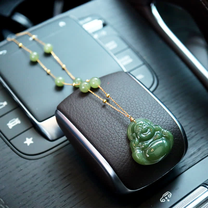 KarmaRipple's Laughing Buddha Hetian Jade Fortune Pendant Bead Chain Necklace p4