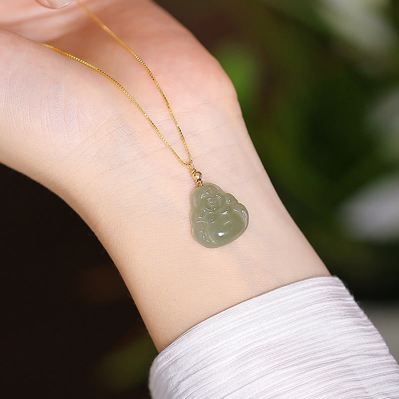 KarmaRipple's 925 Sterling Silver Authentic Hetian Jade Cyan Jade Fortune Laughing Buddha Butterfly Pendant Necklace p51