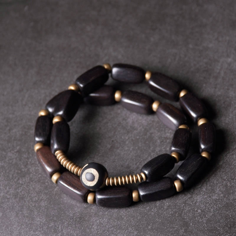 KarmaRipple's Tibet Ebony Wood Dzi Bead Bronze Balance Double Wrap Bracelet p23