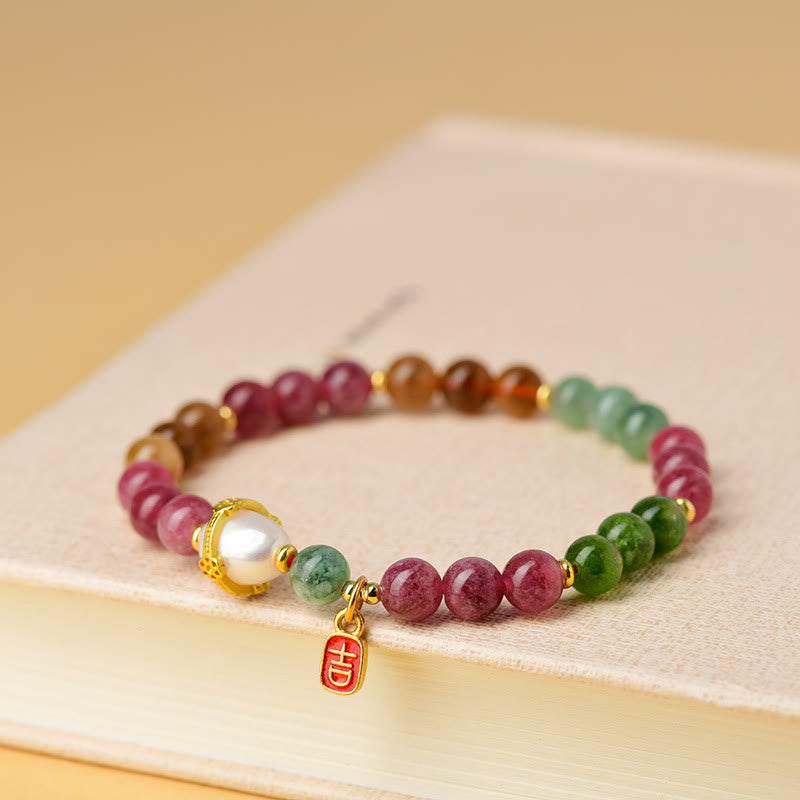KarmaRipple's Authentic Multicolored Tourmaline Pearl Auspicious Character Talisman Wisdom Bracelet p2