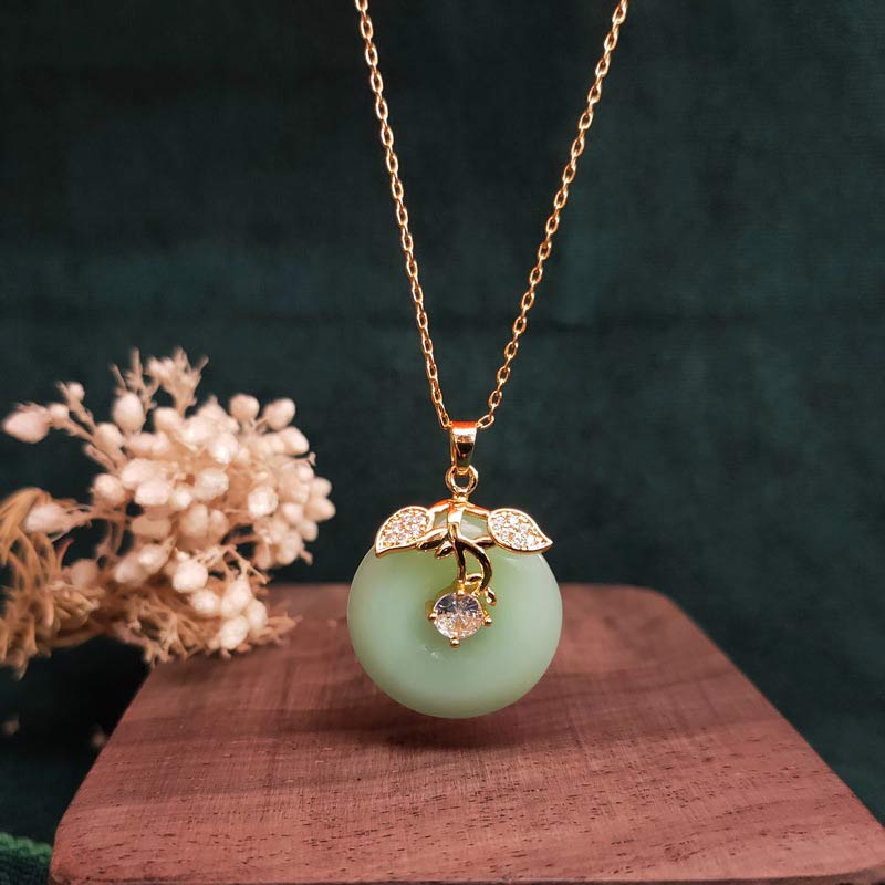 KarmaRipple's Round Jade Leaf Blessing Fortune Pendant Chain Necklace p1