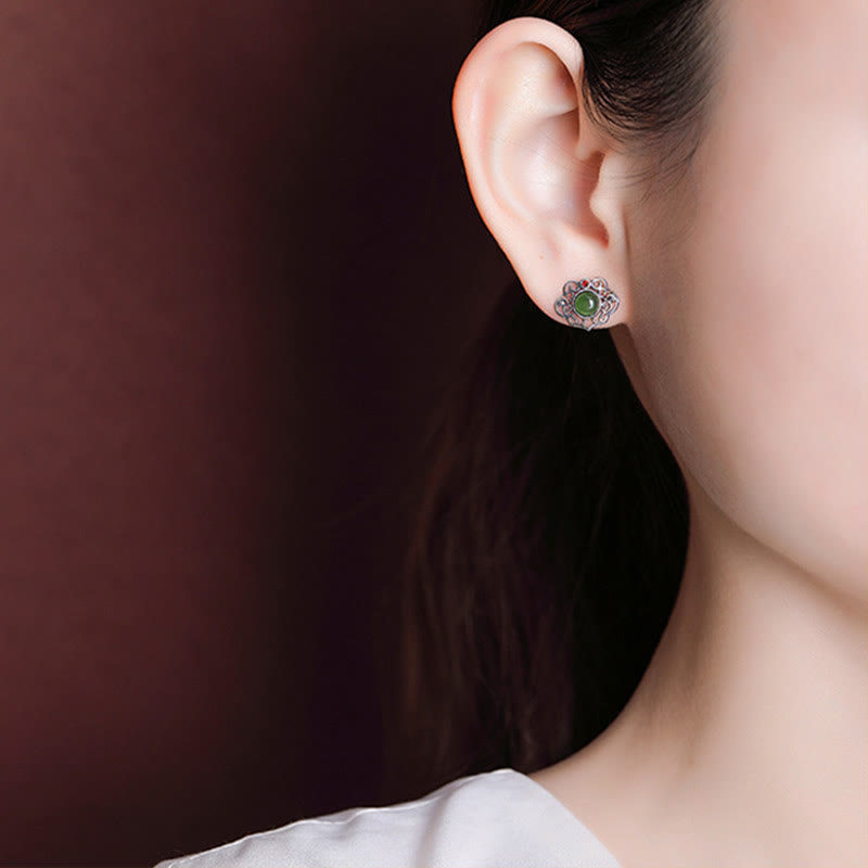 KarmaRipple's 925 Sterling Silver Authentic Hetian Cyan Jade Hollow Design Fortune Ring Earrings Set p12