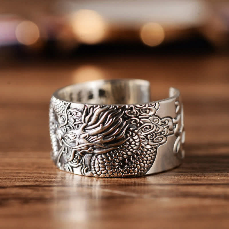 KarmaRipple's 999 Sterling Silver Dragon Carved Pattern Protection Success Ring p5