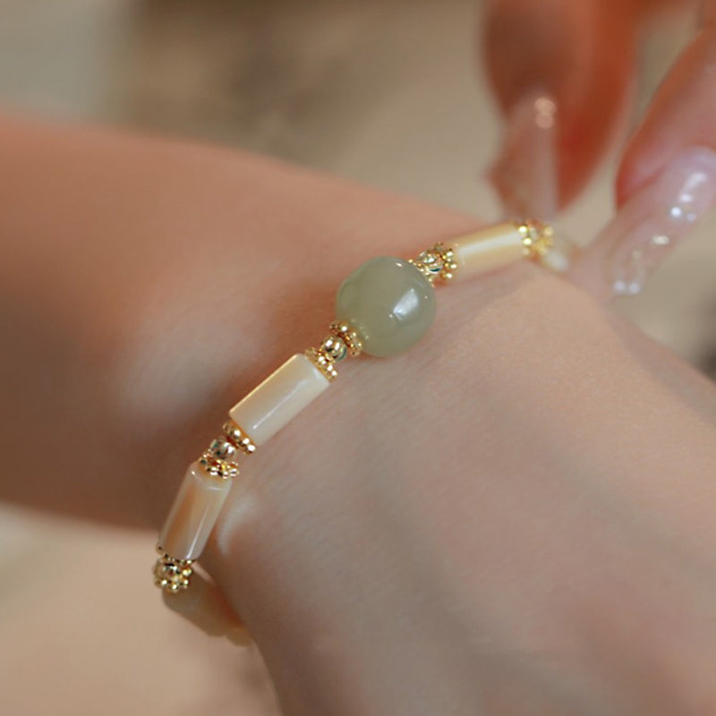 KarmaRipple's 14K Gold Plated Tridacna Stone Hetian Jade Bead Bamboo Pattern Bracelet p1
