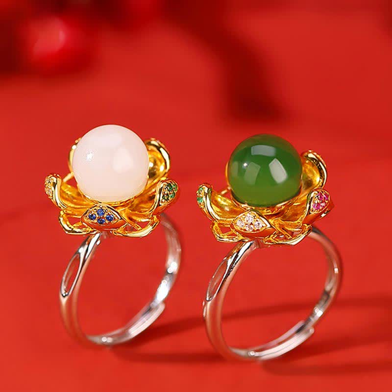 KarmaRipple's 925 Sterling Silver Ivory Jade Cyan Jade Lotus Flower Success Ring p12