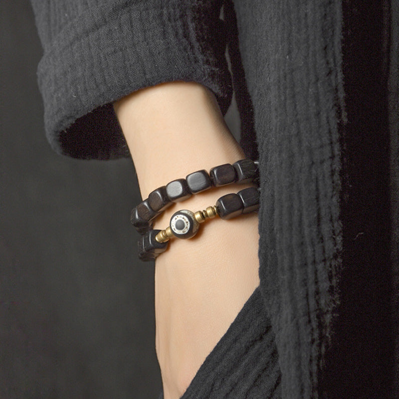 KarmaRipple's Ebony Wood Dzi Bead Bronze Peace Pair Bracelet p11