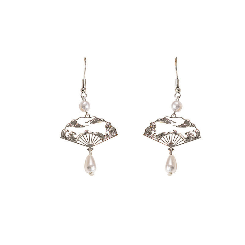 KarmaRipple's Bronze Fan Auspicious Clouds Pearl Balancing Drop Earrings p14