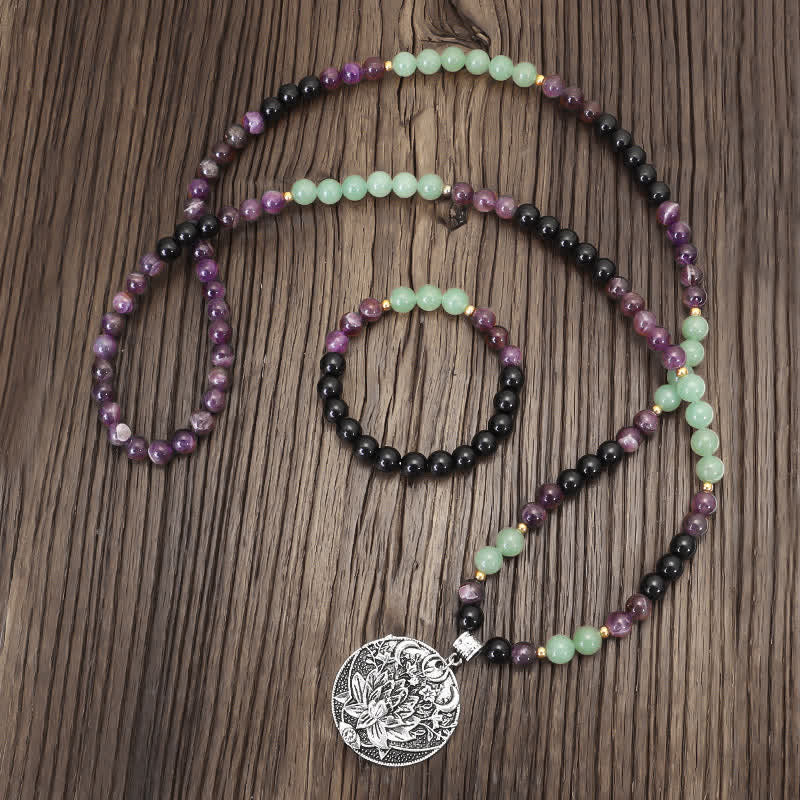 KarmaRipple's 108 Mala Beadwork Amethyst Green Aventurine Lotus Meditation Bracelet p2
