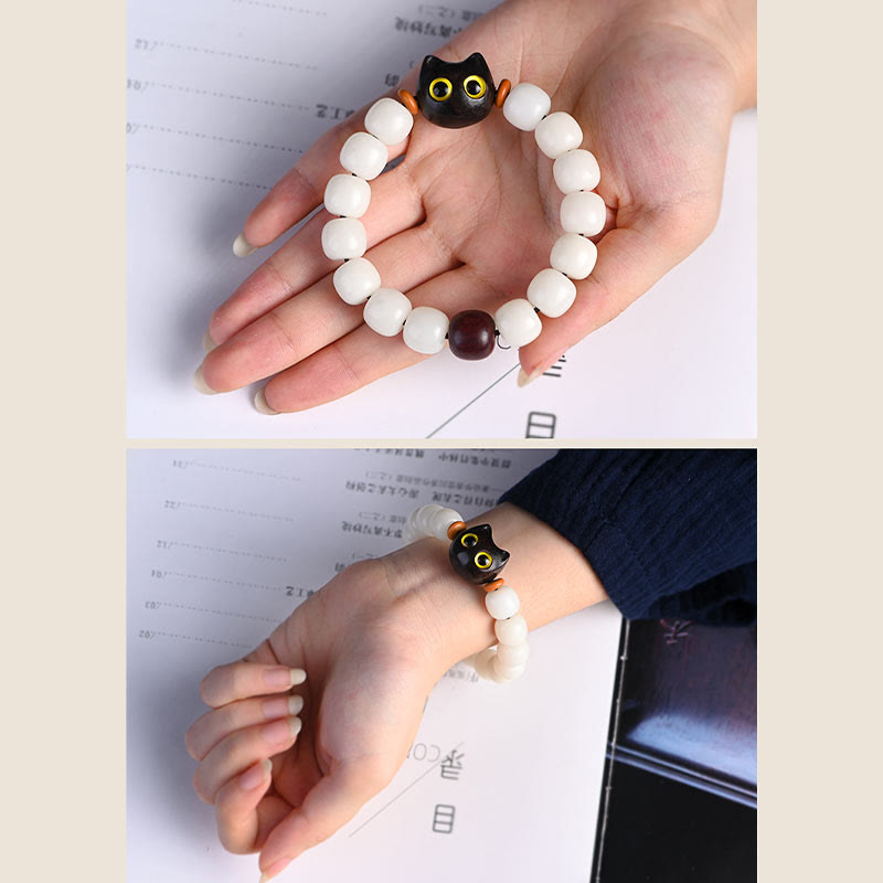 KarmaRipple's Authentic Bodhi Seed Small Leaf Red Sandalwood Ebony Wood Cute Fortunate Cat Wisdom Bracelet p17