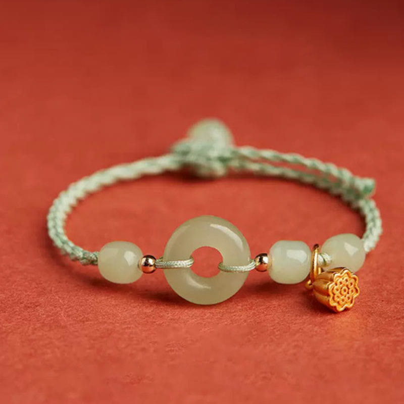 KarmaRipple's Round Peace Buckle Jade Lotus Happiness Abundance Wealth String Bracelet p25