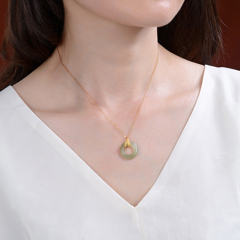 KarmaRipple's 925 Sterling Silver Cyan Jade Peace Buckle Bamboo Leaf Balance Pendant Necklace p3