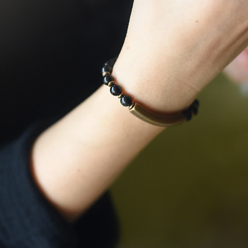 KarmaRipple's Red Jasper Moss Agate Black Obsidian Gemstone Bronze Peace Pair Bracelet p22
