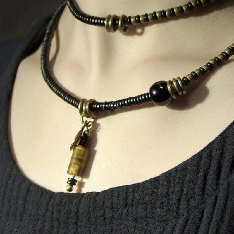 KarmaRipple's Ebony Wood Dzi Bead Bronze Peace Pair Bracelet Pendant Necklace p6