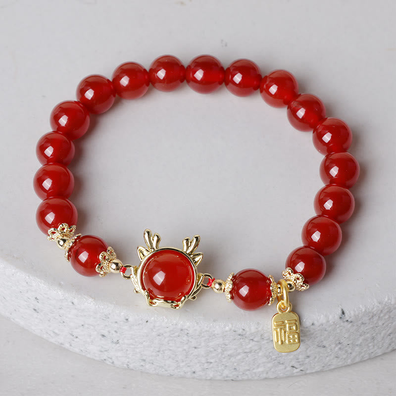 KarmaRipple's Year of the Dragon Red Agate Jade Peace Buckle Fu Character Success Bracelet ( p10