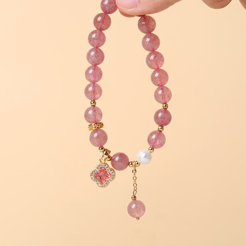 KarmaRipple's Strawberry Quartz Pearl Four Leaf Clover Talisman Balancing Bracelet p7