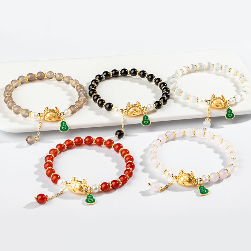 KarmaRipple's Year Of The Dragon Authentic Red Agate Pink Gemstone Black Onyx Dumpling Fortune Fu Character Bracelet p16