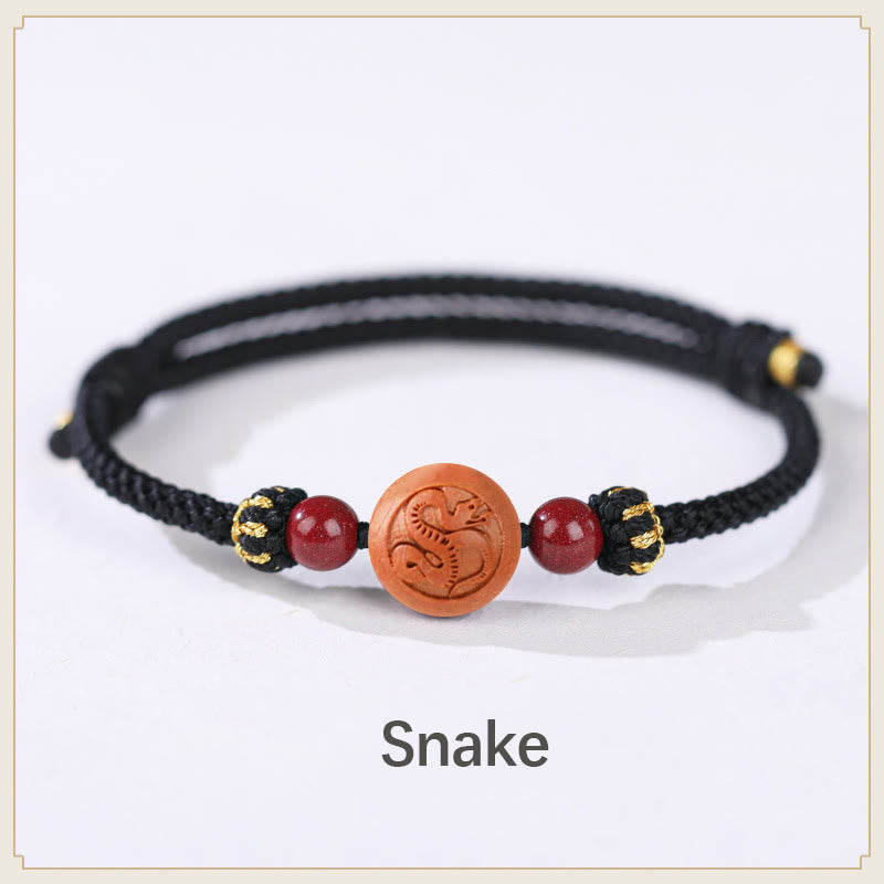 KarmaRipple's Authentic Peach Wood Chinese Zodiac Fu Character Carved Cinnabar Wealth Bracelet p46