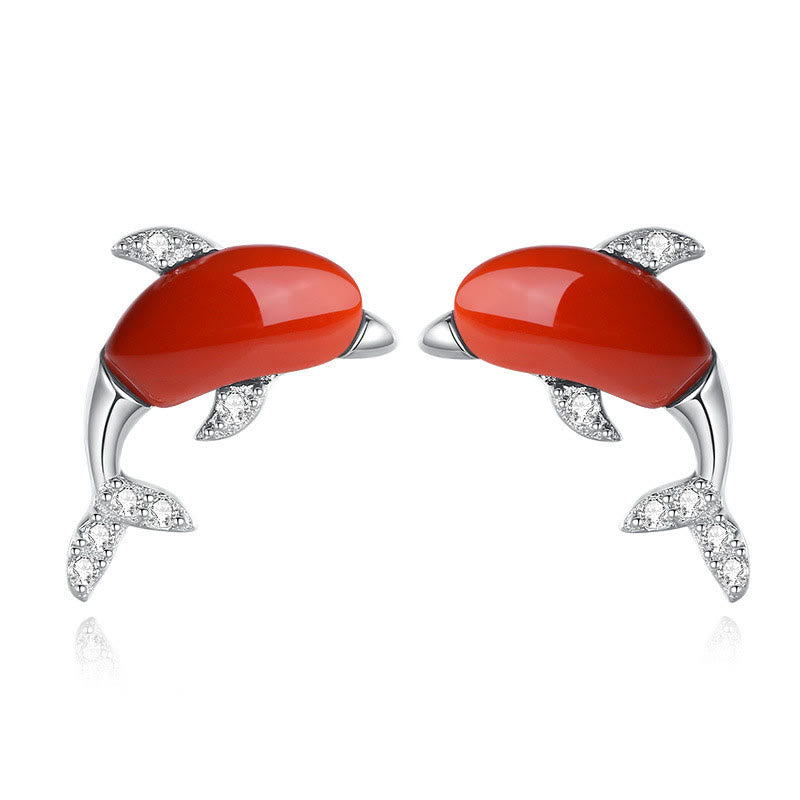 KarmaRipple's 925 Sterling Silver Cute Dolphin Hetian Jade Red Agate Fortune Pendant Necklace Ring Earrings Set p24