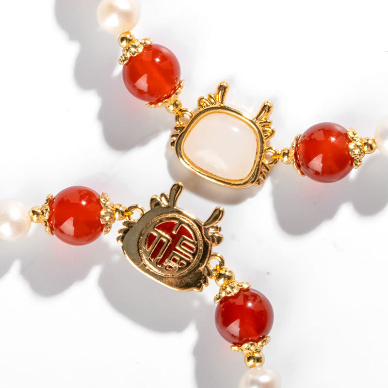 KarmaRipple's 14K Gold Plated Year Of The Dragon Authentic Red Agate Pearl Protection Fu Character Chain Bracelet ( p7