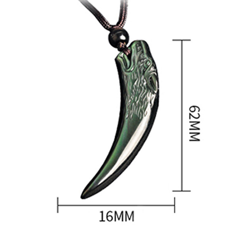 KarmaRipple's Authentic Black Obsidian Ice Obsidian Rainbow Obsidian Wolf Tooth Pattern Strength Pendant Necklace p3