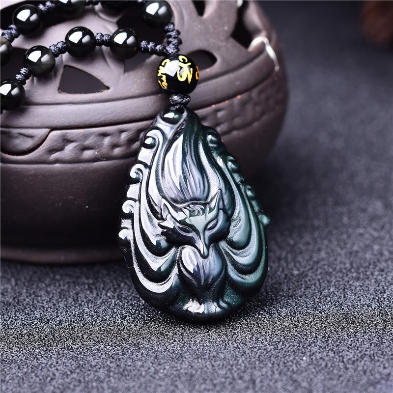 KarmaRipple's Authentic Rainbow Obsidian Nine Tailed Fox Inner Peace Pendant Beaded String Necklace p2
