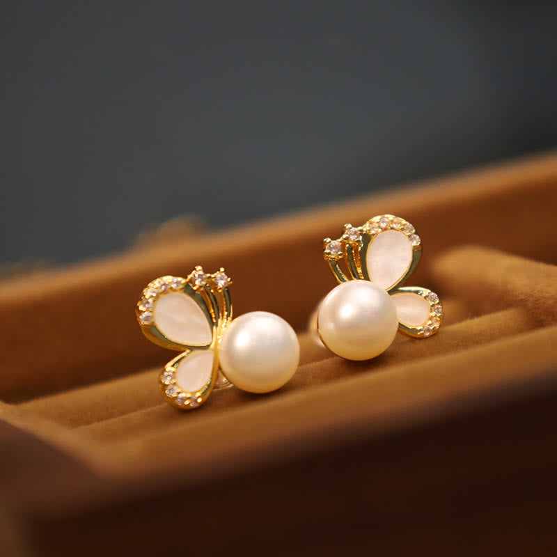 KarmaRipple's 925 Sterling Silver Posts 18K Gold Plated Bronze Authentic Pearl Butterfly Zircon Balancing Stud Earrings p4
