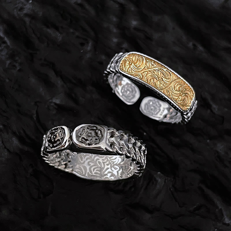 KarmaRipple's Tang Dynasty Flower Design Engraved Bronze Fortune Cuff Bracelet Bangle Adjustable Ring p6