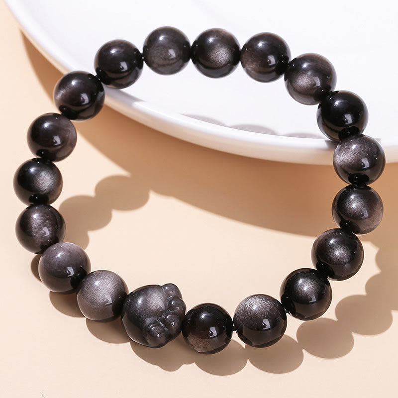 KarmaRipple's Authentic Gold Sheen Obsidian Silver Sheen Obsidian Cute Cat Paw Claw Wealth Bracelet p9