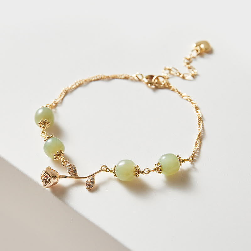 KarmaRipple's 14K Gold Plated Hetian Jade Golden Rose Flower Fortune Chain Bracelet p1