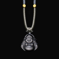 KarmaRipple's Authentic Silver Sheen Obsidian Laughing Buddha Protection Pendant Necklace