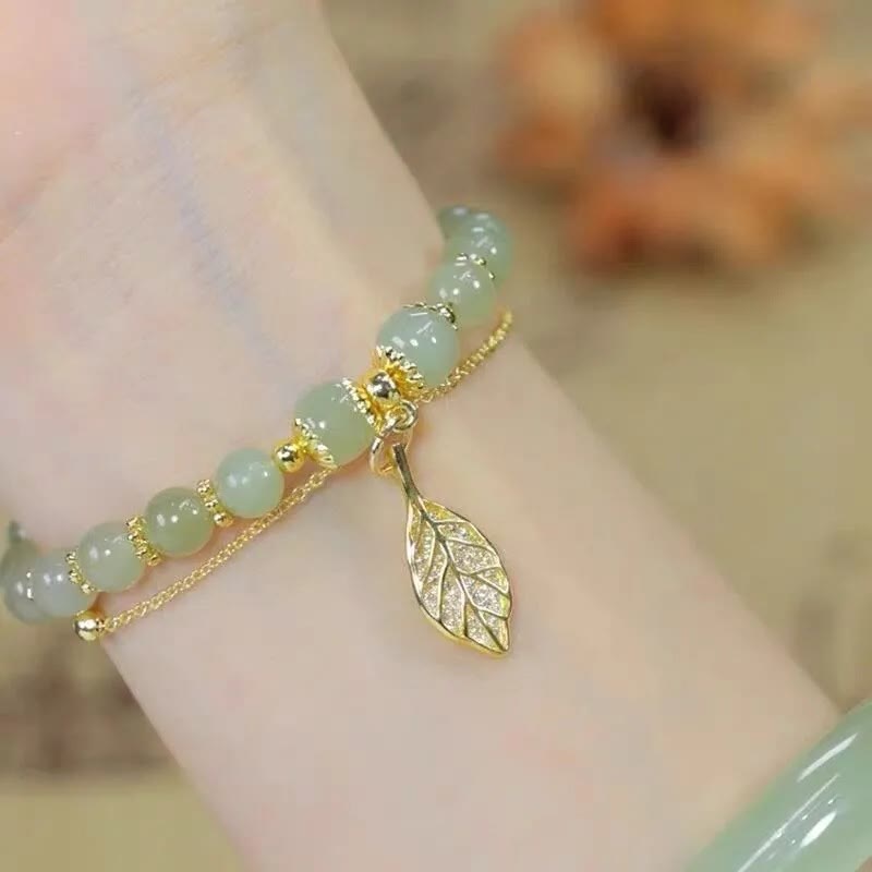 KarmaRipple's Jade Leaf Ginkgo Tulip Peanut Fu Character Fortune Beaded Bracelet p10