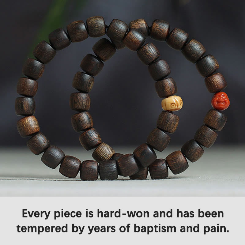 KarmaRipple's Nha Trang Rare Bai Qinan Agarwood Cyan Jade Red Agate Laughing Buddha Tibetan Bone Strength Meditation Bracelet p25