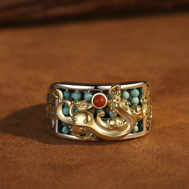 KarmaRipple's 925 Sterling Silver Turquoise Red Agate PiXiu Abacus Protection Ring p8