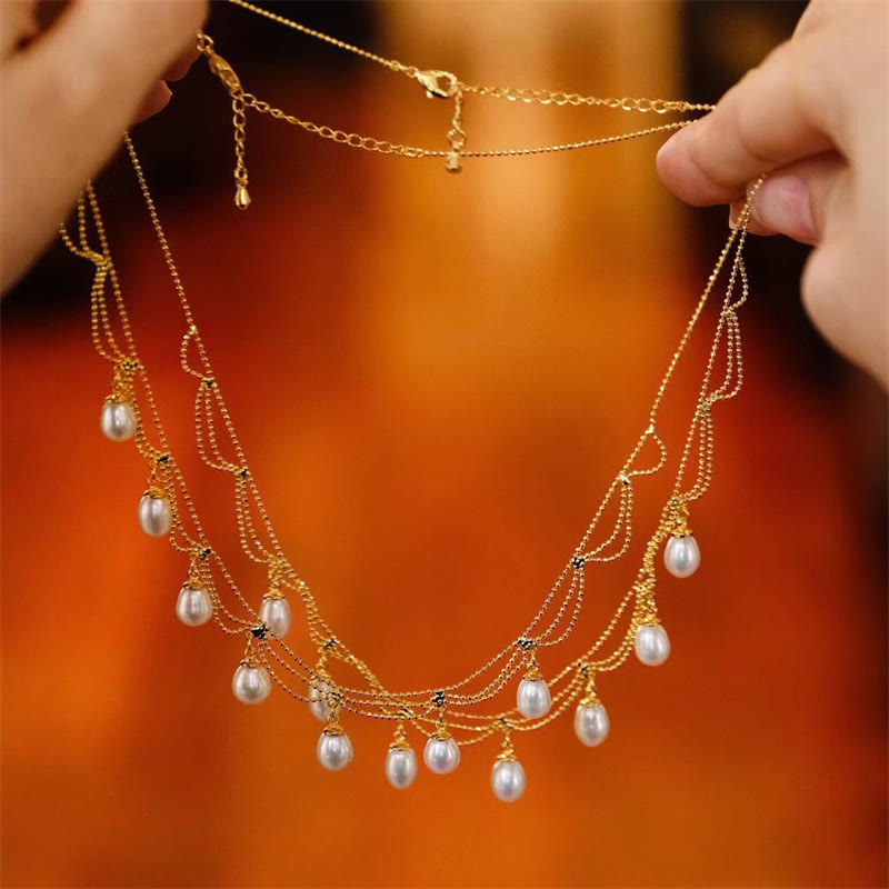 KarmaRipple's Vintage 14K Gold Plated Pearl Bead Balancing Multilayer Pendant Necklace p9