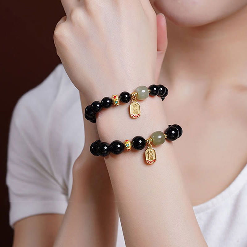 KarmaRipple's Black Onyx Hetian Jade Bead Fortunate Fortune Talisman Bracelet p12