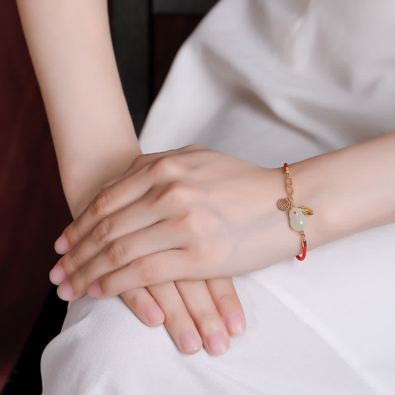 KarmaRipple's 925 Sterling Silver Year of the Rabbit Hetian Ivory Jade Fortune Blessing Red String Bracelet p2