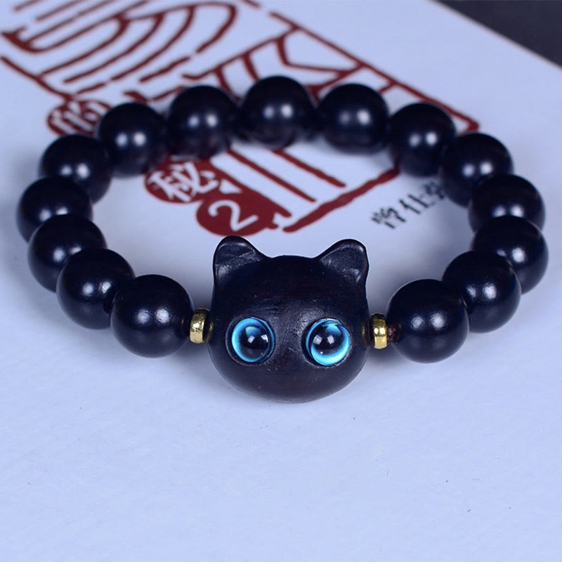 KarmaRipple's Ebony Wood Liuli Glass Lovely Cat Peace Balance Bracelet p21