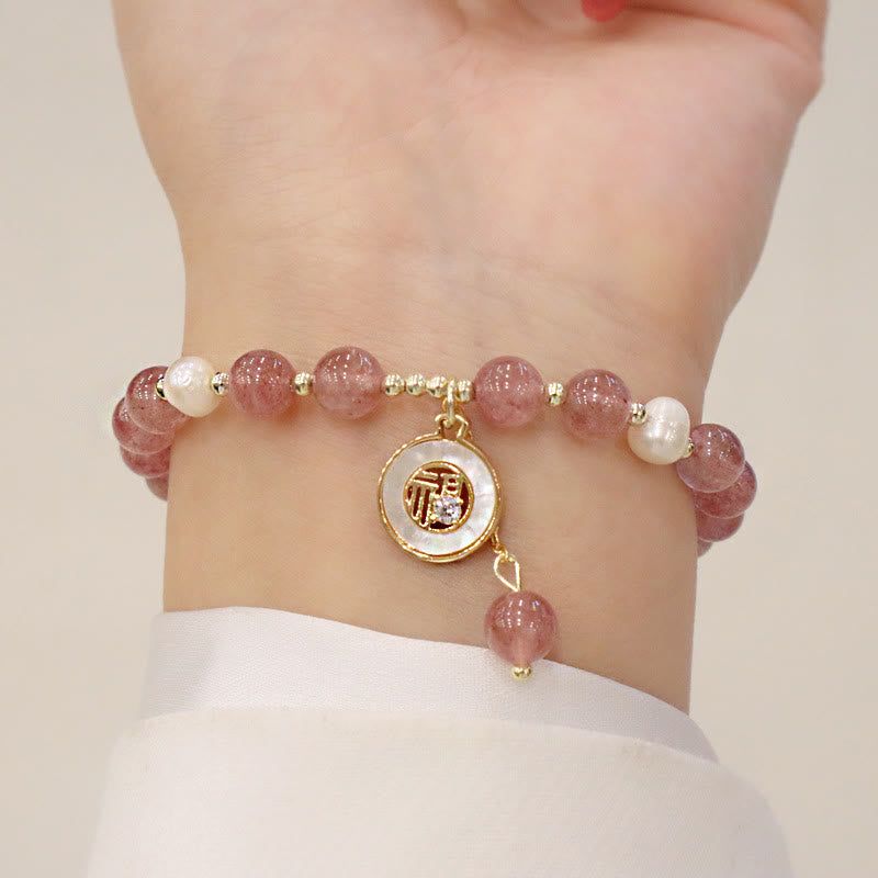 KarmaRipple's Strawberry Quartz Pearl Elk Smiley Face Fishtail Fu Character Talisman Balancing Bracelet p11