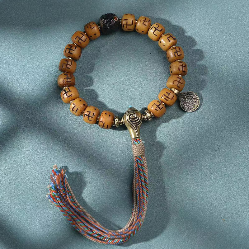KarmaRipple's Authentic Tibetan Camel Bone Swastika Dzi Bead Shankha Buddha Talisman Kirtimukha Fortune Protection Tassel Bracelet p2