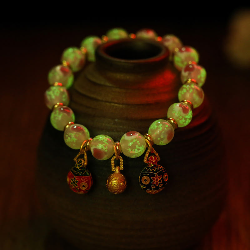 KarmaRipple's Gold Swallowing Beast Family Talisman Luminous Pink Love Heart Fluorescent Liuli Glass Bead Blessings Bracelet p6