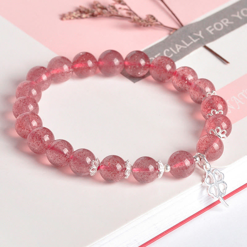 KarmaRipple's 925 Sterling Silver Strawberry Quartz Four Leaf Clover Love Bracelet p2
