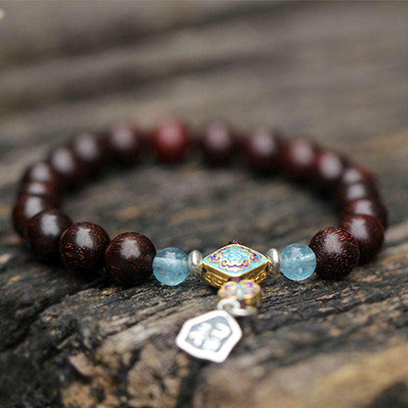 KarmaRipple's 925 Sterling Silver Indian Small Leaf Red Sandalwood Aquamarine Full of Gold Star Chinese Knotting Blessing Bracelet p9