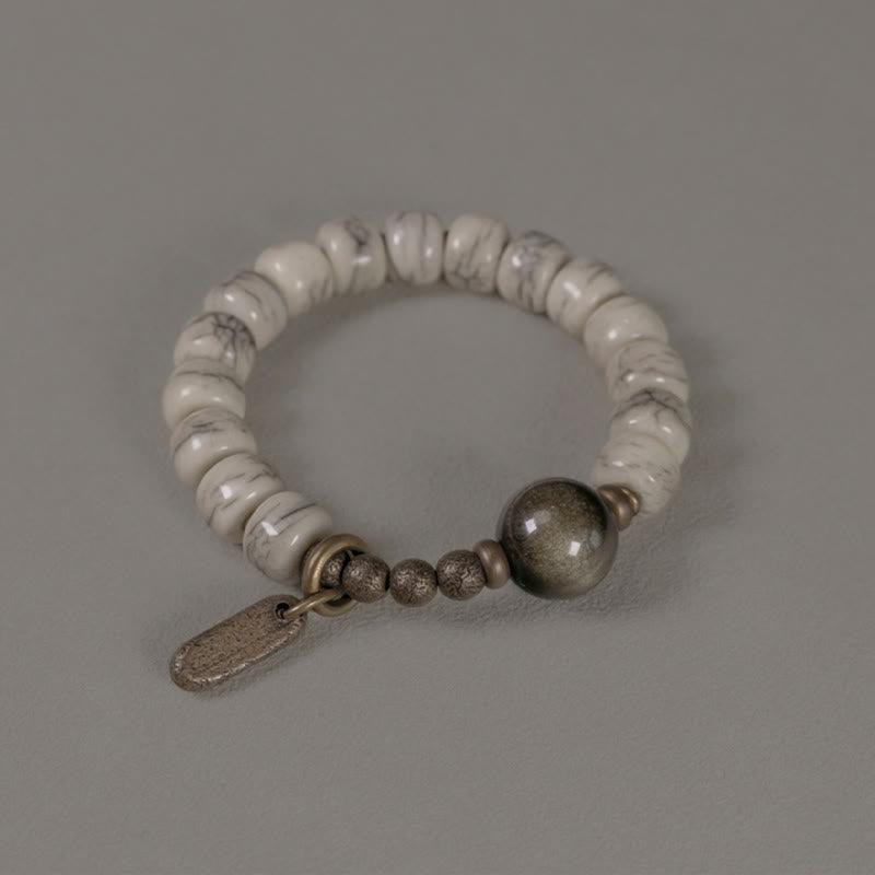 KarmaRipple's Tibetan Yak Bone Gold Sheen Obsidian Brass Bead Strength Bracelet p13