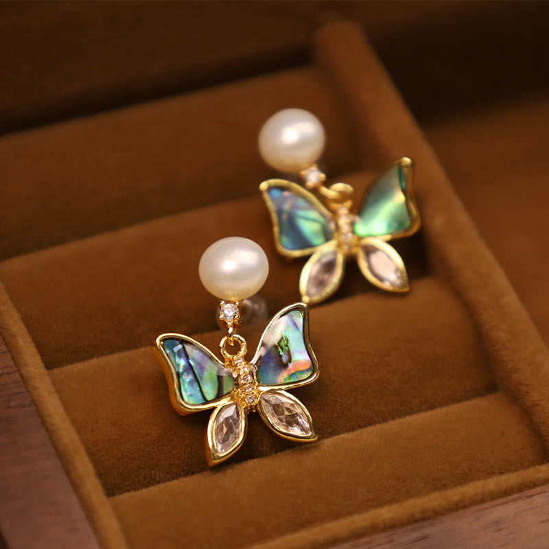 KarmaRipple's 18K Gold Plated Bronze Authentic Shell Pearl Butterfly Sincerity Stud Earrings p5