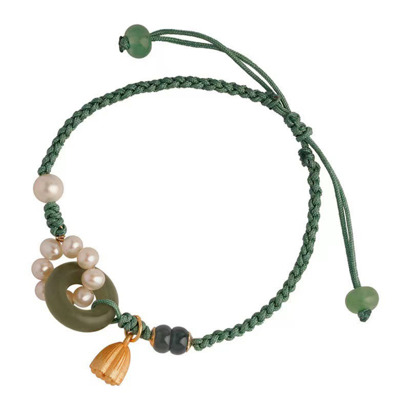 KarmaRipple's Authentic Hetian Jade Peace Buckle Pearl Fortune Handcrafted Woven Bracelet p9
