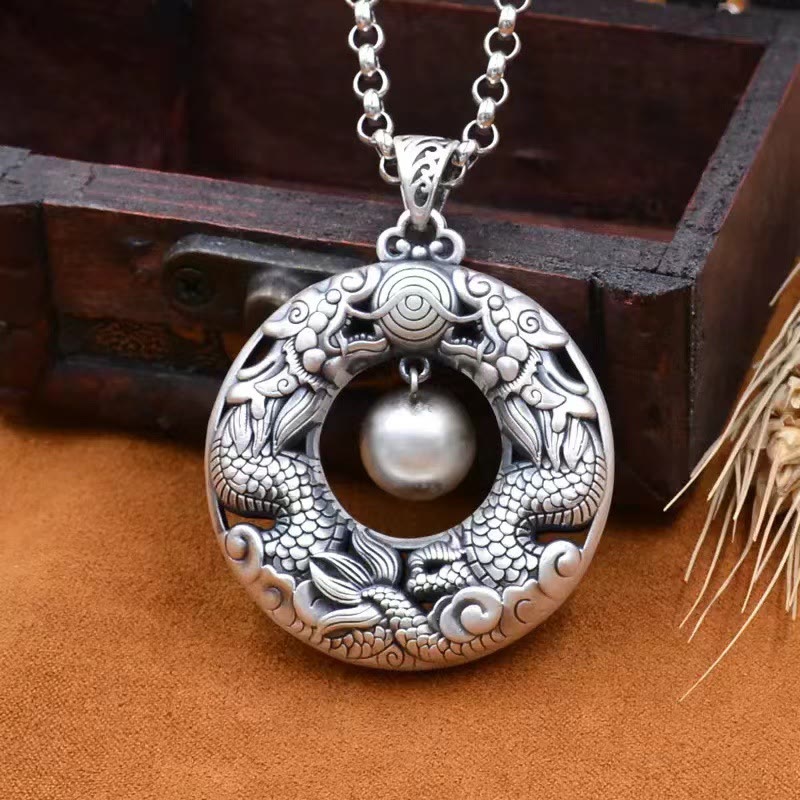 KarmaRipple's Double Dragon Playing Bead Bronze Protection Pendant Necklace p4
