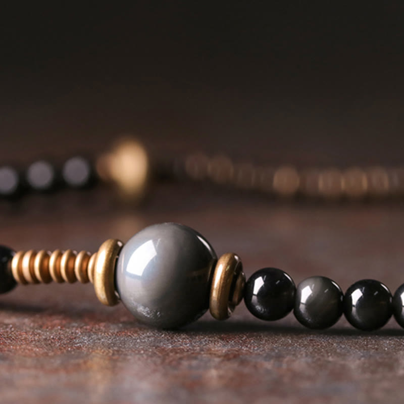 KarmaRipple's Rainbow Obsidian Ebony Wood Bronze Positive Multilayer Bracelet p5