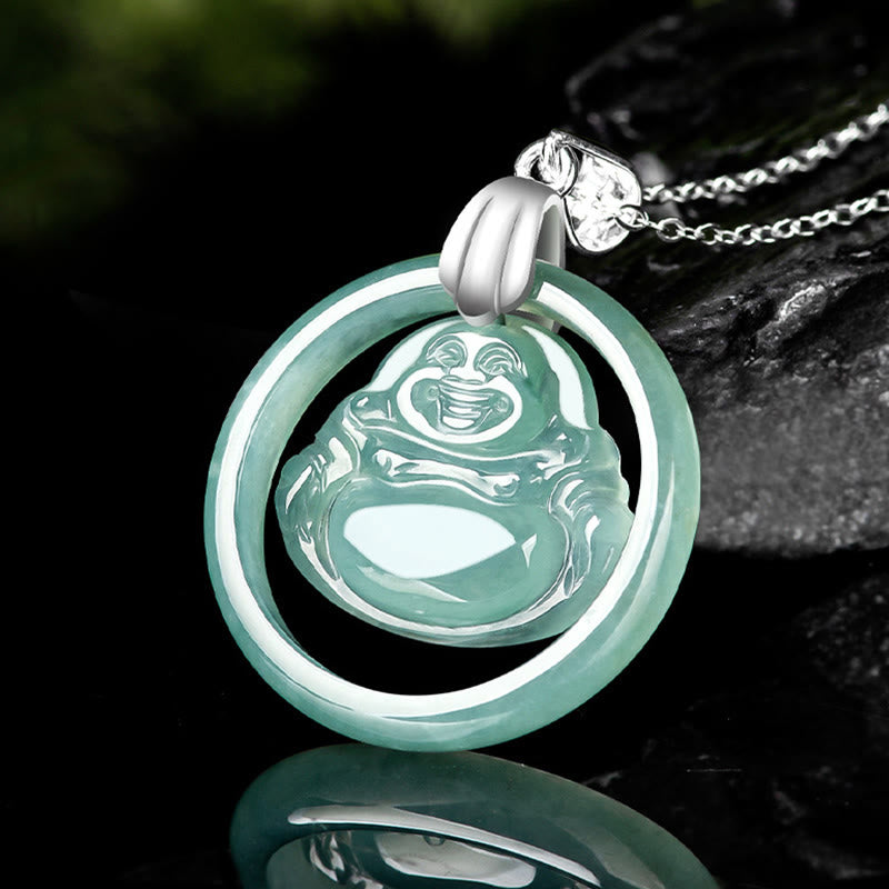 KarmaRipple's 925 Sterling Silver Authentic Jade Round Laughing Buddha Abundance Chain Pendant Necklace p3
